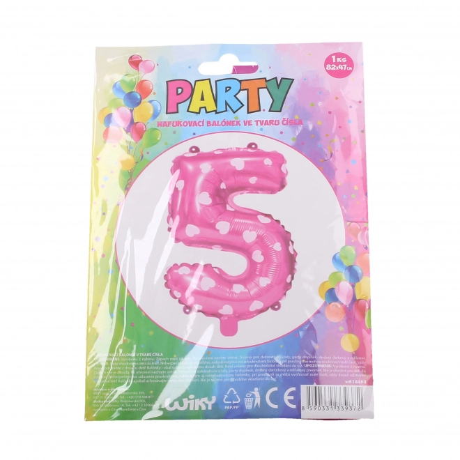 Roze opblaasbare ballon met hartjes - nummer 5