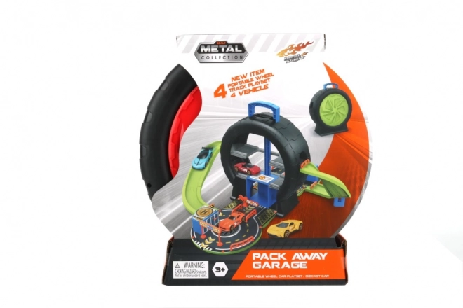 Spielset in einem koffer in form eines reifens mit 4 autos