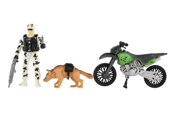 Militaire set plastic motorfiets, soldaat, hond met accessoires in doos 23x14x4cm
