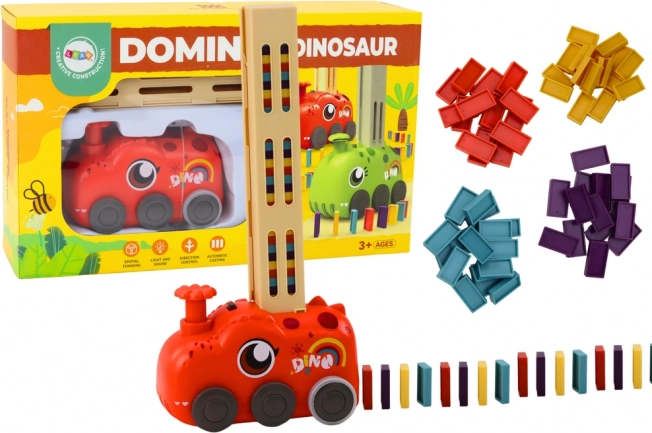 Roter Dinosaurier-Zug mit Batterien, der bunte Domino baut