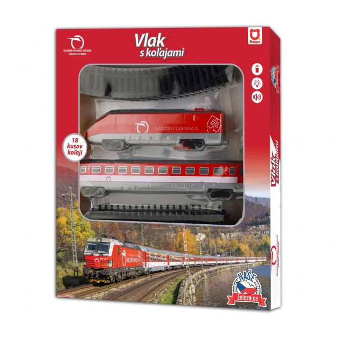 Trein Železničná Spoločnosť Slovensko met rails 18 stuks plastic op batterijen met geluid, licht in doos.