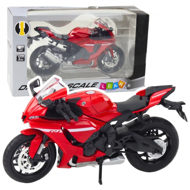 Sportieve metalen motorfiets rood met verlichting en geluidseffecten R1 1:12