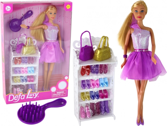 Modepuppe Lucy mit lila Kleid und Accessoires