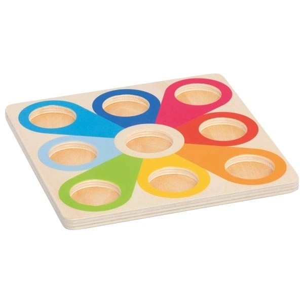 Wooden construction pyramid of colorful marbles