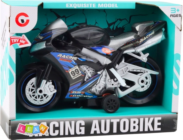 Zwart-blauwe race motorfiets met licht- en geluidseffecten