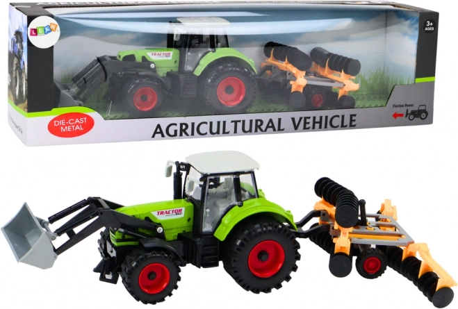 Tractor with Disc Harrow and Front Loader Green
