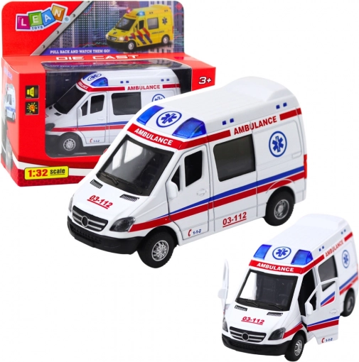 Metalen ambulance 1:32 met pull-back aandrijving, licht en geluid – wit