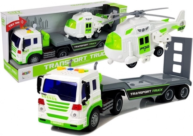 Vrachtwagen met transportplatform en helikopter 1:16 op batterijen