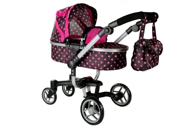 Poppenwagen voor poppen zwart met roze stippen