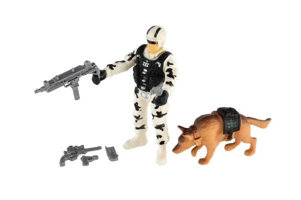 Militaire set plastic motorfiets, soldaat, hond met accessoires in doos 23x14x4cm