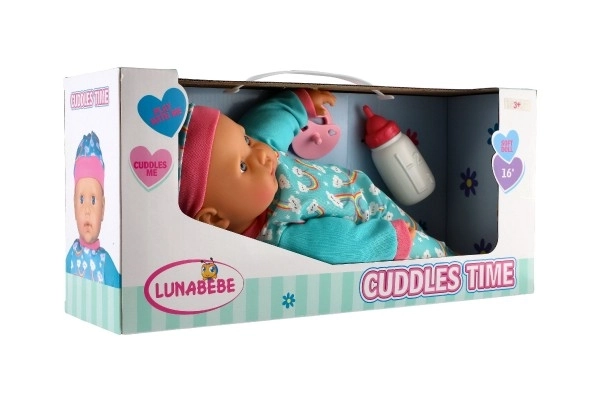 Poppenbaby 40cm zacht lichaam met flesje en fopspeen in doos 41x19x12,5cm