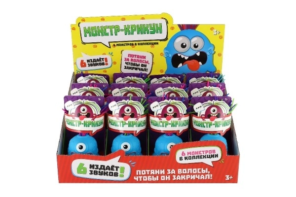 Monstre avec ventouse en plastique 7cm fonctionnant avec des piles avec son, lumière 3 couleurs en boîte de 12 pièces