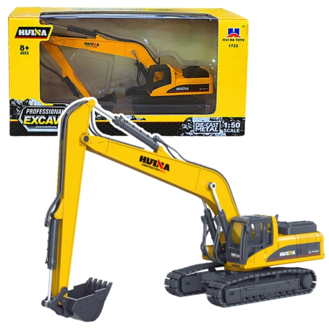 Huina 1:50 gelber Metallraupenbagger mit beweglichem Arm