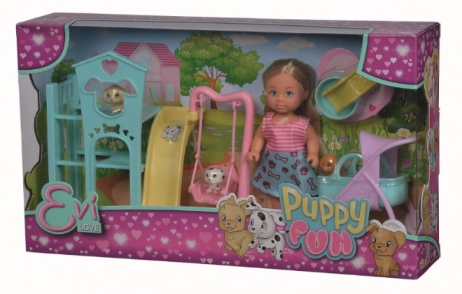 Pop Evi op het speeltuin voor puppy's