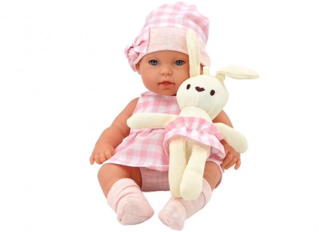 Poppenbaby met Drager Konijntje in Roze Geruite Kleding