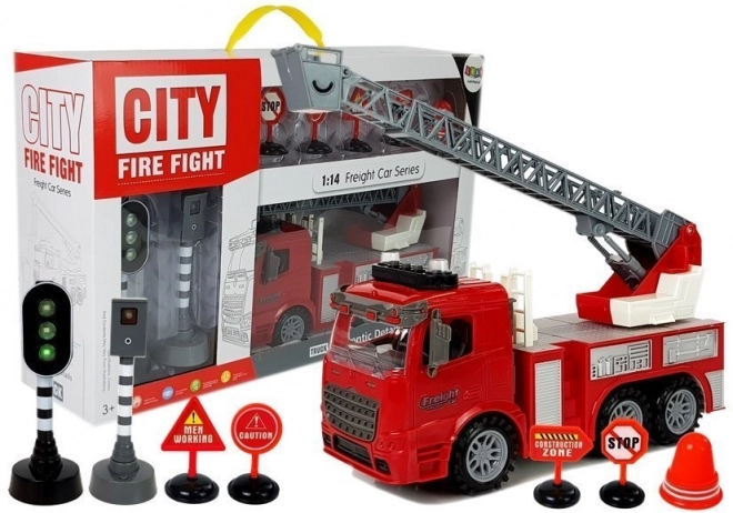 Feuerwehrauto mit Schildern und Ampel - Reibungsantrieb, Geräusch- und Lichteffekte