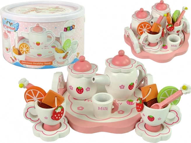 Holz-Teeset rosa mit Blumen und Erdbeeren