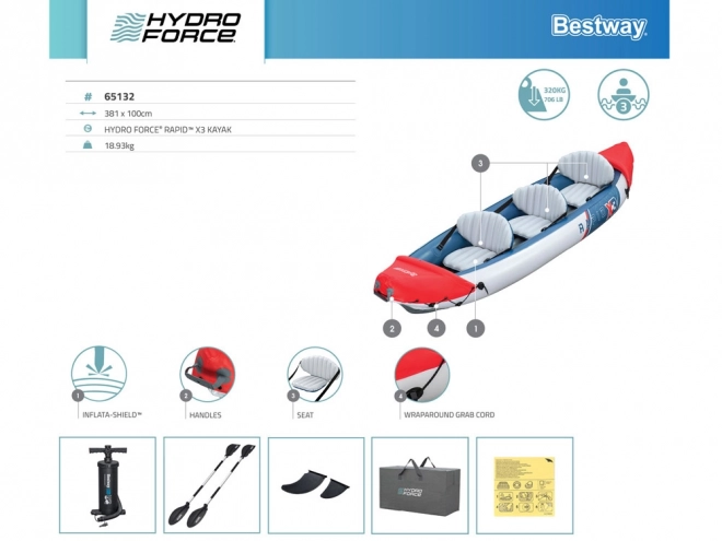 Opblaasbare kajak met dubbele wand Bestway Rapid X3 voor 3 personen met peddels en tas