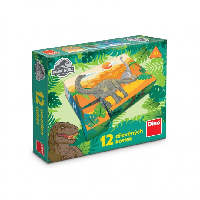 Blokjes kubus Jurassic wereld hout 12 stuks in doosje 22x18x4cm