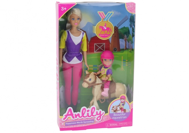 Poppen set Anlily met kind en pony rijstal