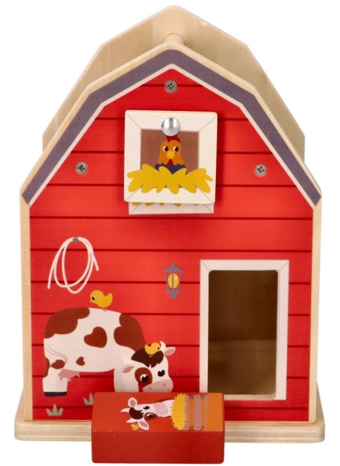 Houten boerderij-opbergbox met vormen