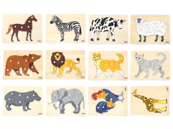 Set houten puzzels 12 dieren Montessori met standaard Viga