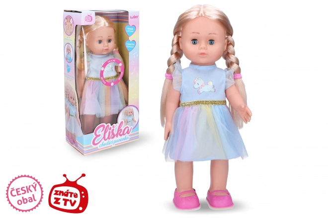Poupée marcheuse Eliška 41 cm robe bleue - emballage tchèque