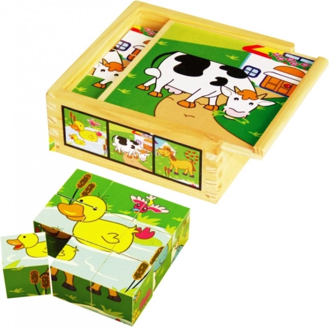 Babu cubes illustrés animaux domestiques – 9 cubes dans une boîte en bois