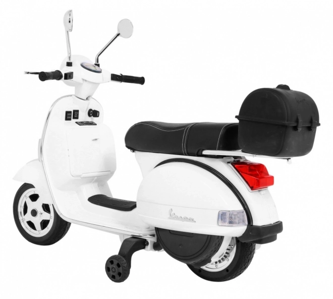 Elektrische kinderscooter Vespa wit met zijwieltjes, audio en eco-leer