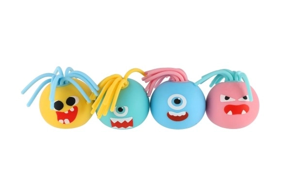 Ball met gezicht met franjes anti-stress knijpslijm 6cm 4 kleuren