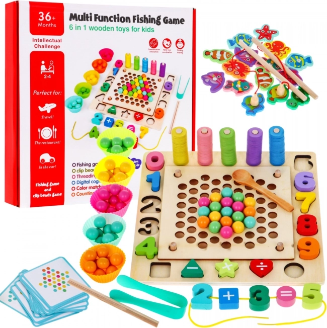 Wooden Educational Game Set 6-in-1 for Kids 3+ Sorter Fishing Learning Numbers