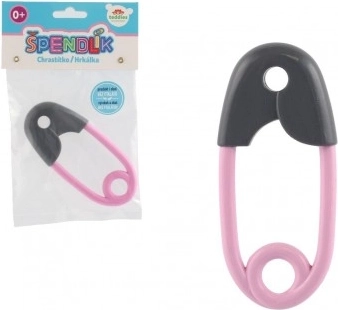 Baby Rattle in the Shape of a Gray and Pink Safety Pin