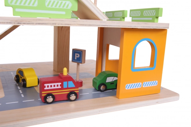 Houten garagebaan met lift + speelgoedauto's Ecotoys