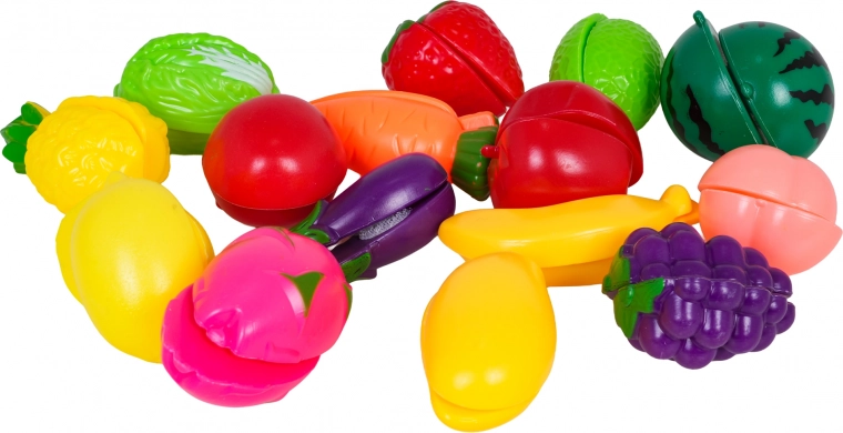 Boodschappen doen en etenswaren met klittenband snijden