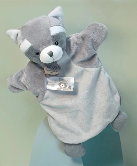 Doudou Peluche marionnette raton laveur 25 cm