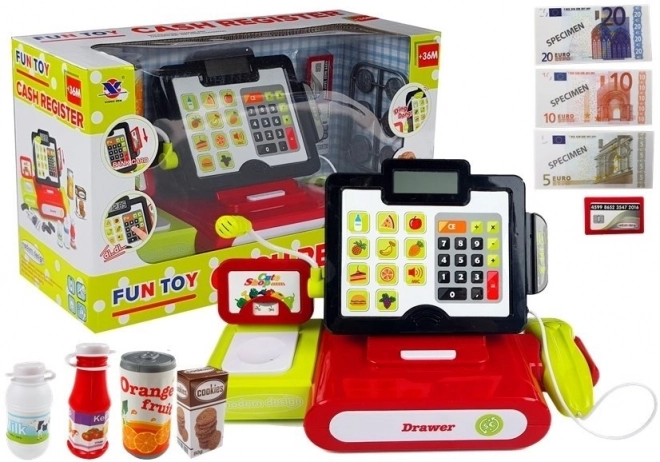 Touchscreen kids’ cash register with calculator and accessories