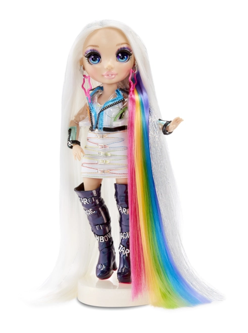 Premium pop met platinablonde haardos en regenboogaccenten