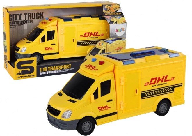 Kinder gele bestelwagen met wrijvingsaandrijving