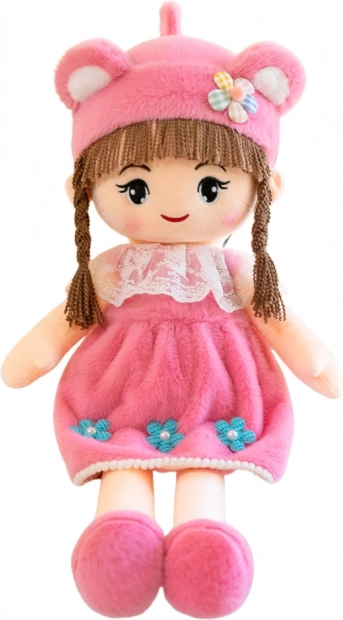 Poupée en peluche avec robe rose, petit chapeau et oreilles 45 cm