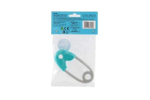 Rammelaar veiligheidsspeld plastic 12cm turquoise-grijs 12x19cm in zakje 0+