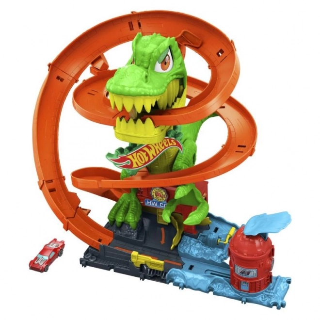 T-rex attacks the fire station from Hot Wheels city