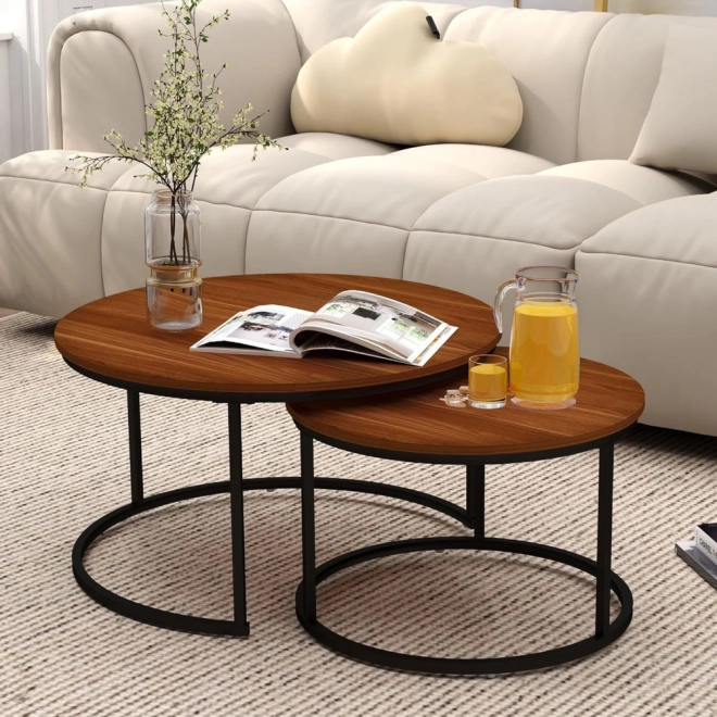 Set van ronde salontafels 2-in-1 van natuurlijk hout