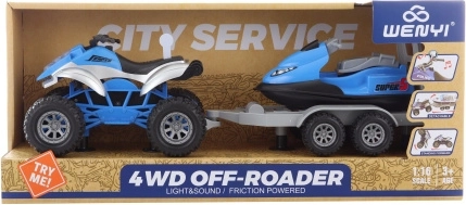 Kunststof quad met aanhanger en scooter – Quad met scooters op batterijen