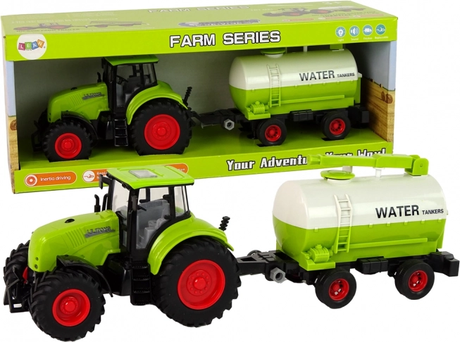 Green tractor with trailer on large wheels