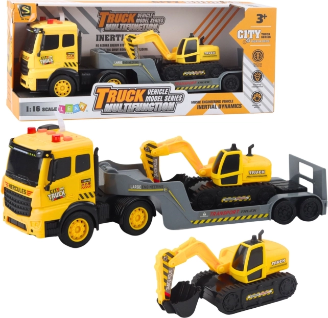 Truck with Lowboy Trailer and Crawler Excavator 1:16, Yellow