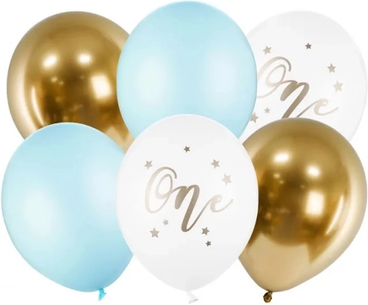 Verjaardagsballonnen One pastel lichtblauw en goud 30 cm, 6 stuks