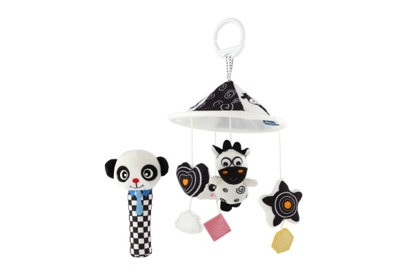 Muziekmobiel boven ledikant dieren pluche zwart-wit in doos 30x22x5,5cm 0+