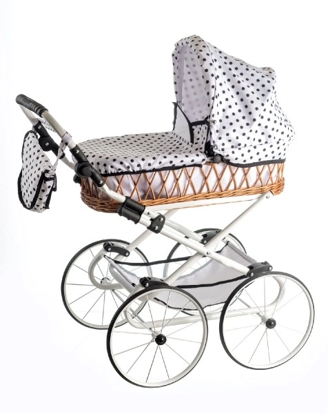 Kinderwagen Monika RETRO rieten wit frame wit met stippen handgreephoogte 76cm verstelbaar