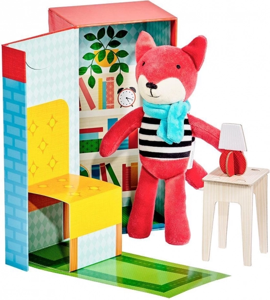 Petit Collage renard en peluche dans la bibliothèque