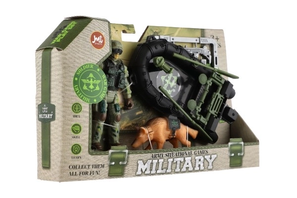 Militaire set plastic boot, soldaat, hond met accessoires in doos 23x14x4cm